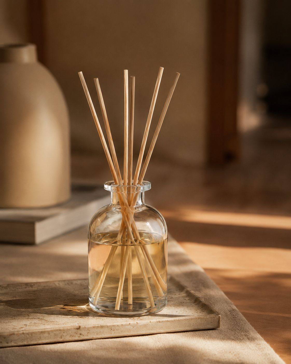 Custom white label reed diffuser with rattan and fiber sticks — bespoke fragrance solution Dubai